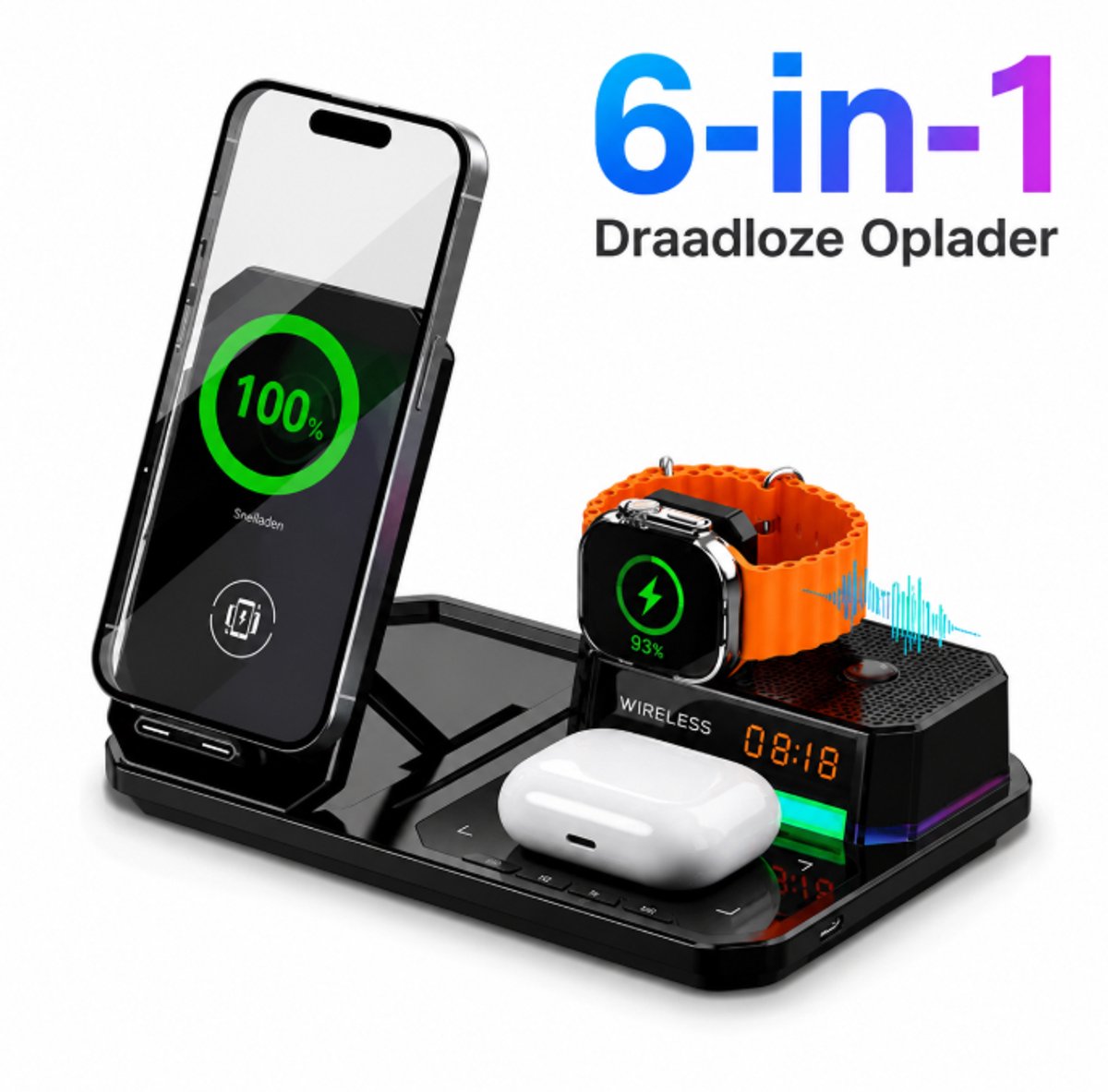 6-in-1 Draadloze Oplader – 30W Snellader – RGB Speaker – Compatibel iPhone 8-17 / AirPods / iWatch – Qi Oplaadstation Opvouwbaar-Zwart
