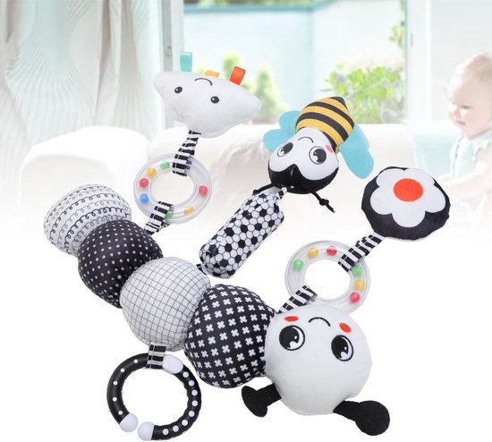 Bedhangspeeltje - Pluche dier - Baby entertainment - Zachte pluche stof - 25 cm lengte - Zwart-wit — afbeelding 5