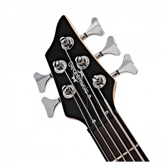 Zwarte kop van een basgitaar met 5 stemmechanieken en het Gear4music logo.