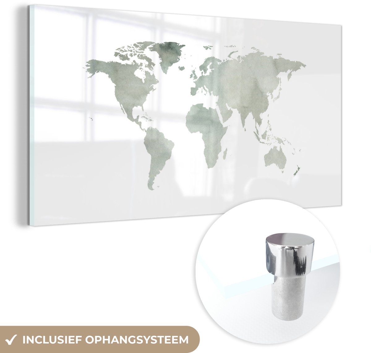 ® Glasschilderij 80x40 cm - Schilderij acrylglas - Wereldkaart - Waterverf - Wit - Foto op glas - Muurdecoratie woonkamer - Wanddecoratie slaapkamer - Schilderijen