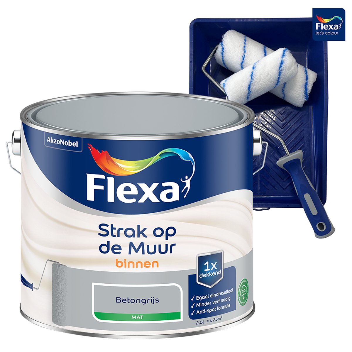 Voordeelpakket Flexa Strak Op De Muur Muurverf - Mat - Beton - Grijs - 2,5 Liter + Muurverf Roller - 5 Delig