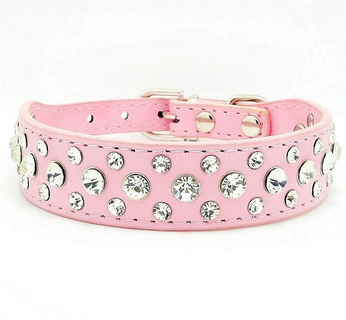 aladdien - Halsband voor honden en katten - Kunstleer met strass-steentjes - Roze - Verstelbare maat M - Stylish en comfortabel - Geschikt voor hond...