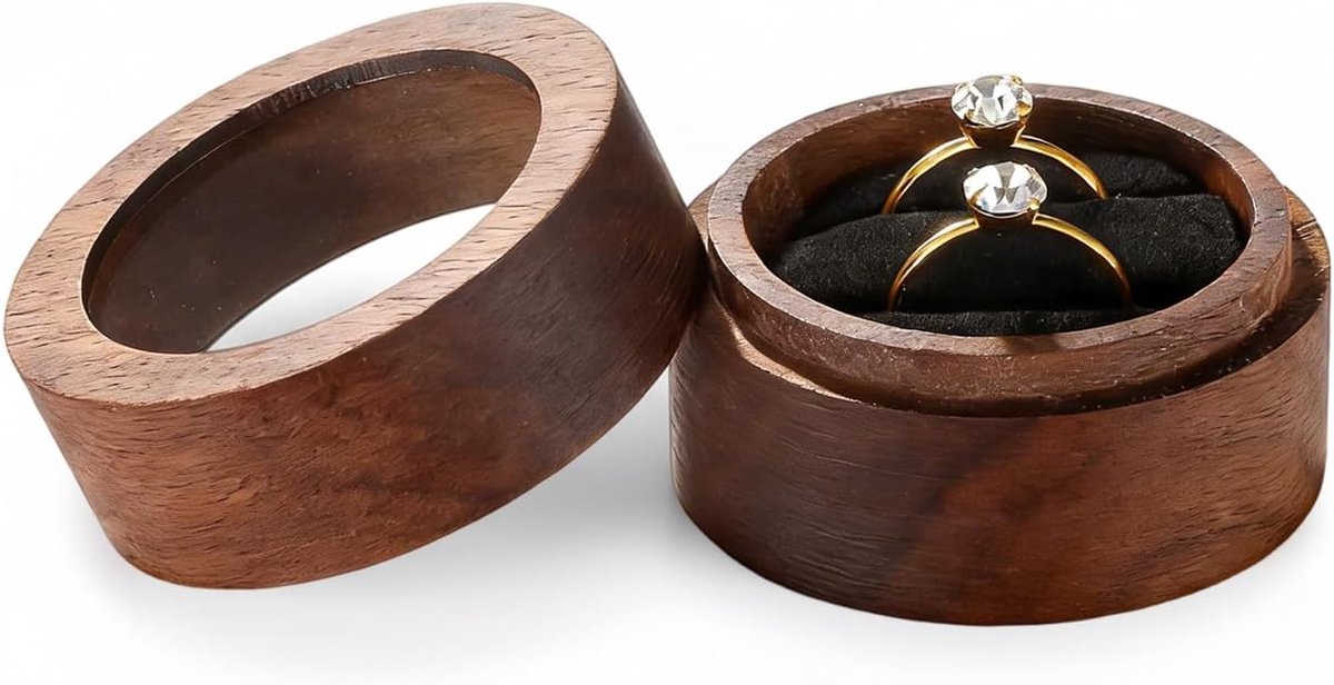 Houten Ringendoos - Bruidssieraad Doosje - Huwelijksaanzoek Opslag - Met Presentatievenster - 5 cm Diameter - Bruin