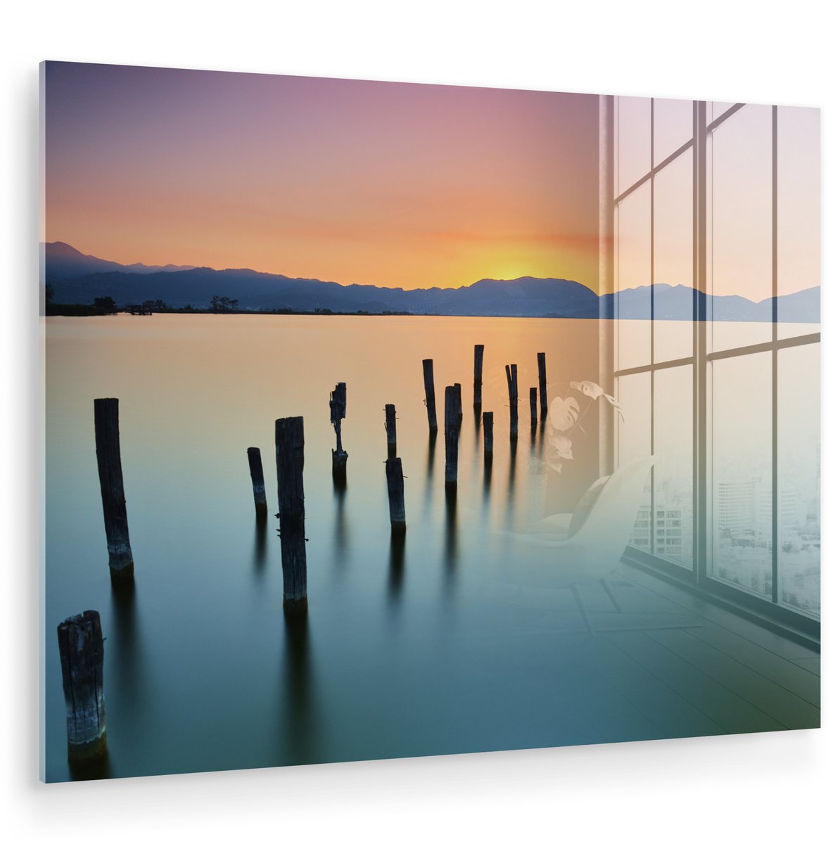 ® Glasschilderij 120x90 cm - Schilderij acrylglas - Palen in het kalme water bij zonsonder