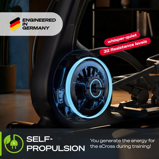 Sportstech sCross – Crosstrainer – Magnetisch – 32 weerstandsniveaus – 48 cm paslengte – Zelfopwekkende energie – LED-display – Tablethouder – Zwart/Zilver
