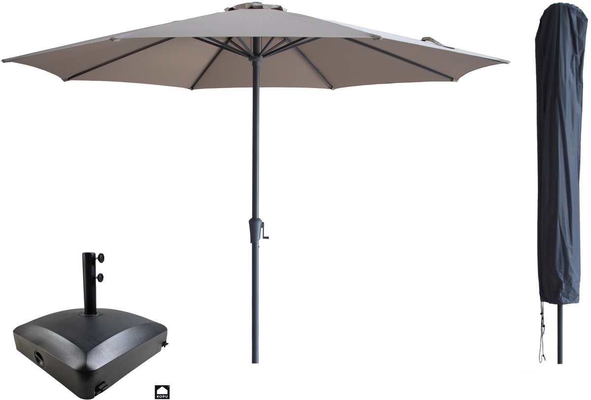 Kopu® Set Madrid 350 cm Grote Parasol Rond met Beschermhoes en Parasolvoet - Taupe
