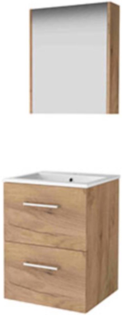 Basic-Line Comfort 46 Badkamermeubelset - 50 x 46 cm - Met Grepen - 2 Lades - Keramische Wastafel - 1 Kraangat - Spiegelkast - Whisky Oak