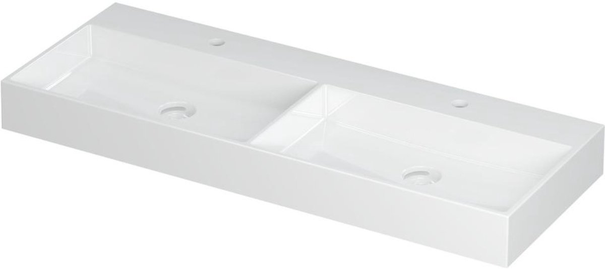 INK United Wastafel Porselein Dubbel met 2 Kraangaten incl. Porseleinen Click Plug en Verborgen Overloop Systeem - 1200x450x110 mm - Glans Wit