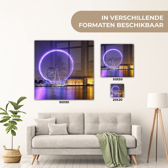 ® Glasschilderij 20x20 cm - Schilderij acrylglas - Londen - London Eye - Paars - Reuzenrad - Foto op glas - Muurdecoratie woonkamer - Wanddecoratie slaapkamer - Schilderijen