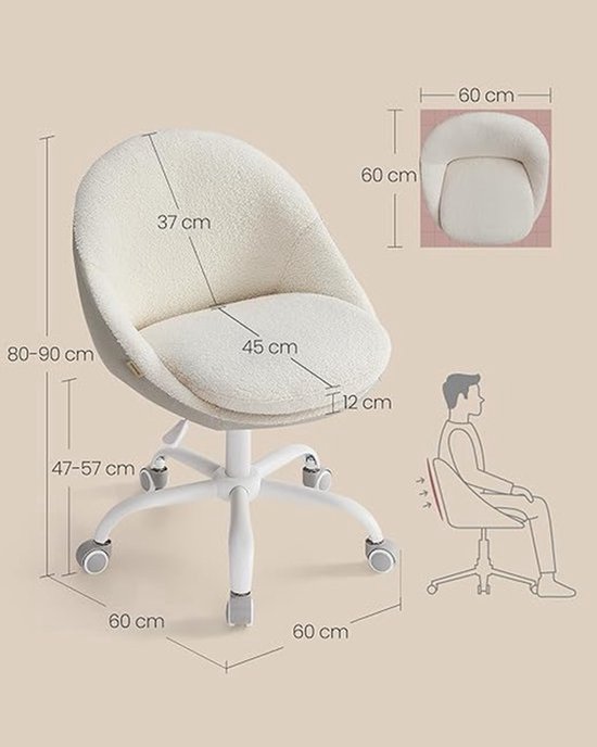 Witte teddy stof bureaustoel met afmetingen: 80-90 cm hoogte, 45 cm zitbreedte, 12 cm dikte. Verstelbare hoogte en zitting.