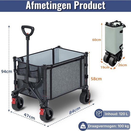 Opvouwbare handkar met grote all-terrain wielen, 120 liter, 100 kg draagvermogen, opvouwbare handkar met remmen, strandkar voor strand, tuin, camping, boodschappen, grijs van Merkloos — afbeelding 3