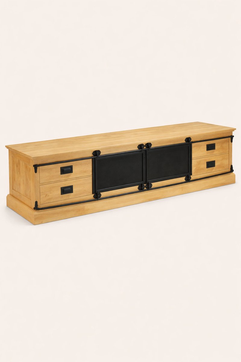 TV Meubel 200 cm Mangohout – Schuifdeur en 4 Lades – Industrieel
