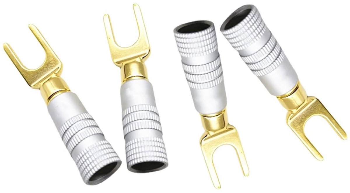 SPHProducts - Y-kabelschoenconnectoren - Luidsprekerkabelschoen - 45 graden vorkconnector - Set van 4 - Puur koper - Audio-jackstekker - Perfect voor l...