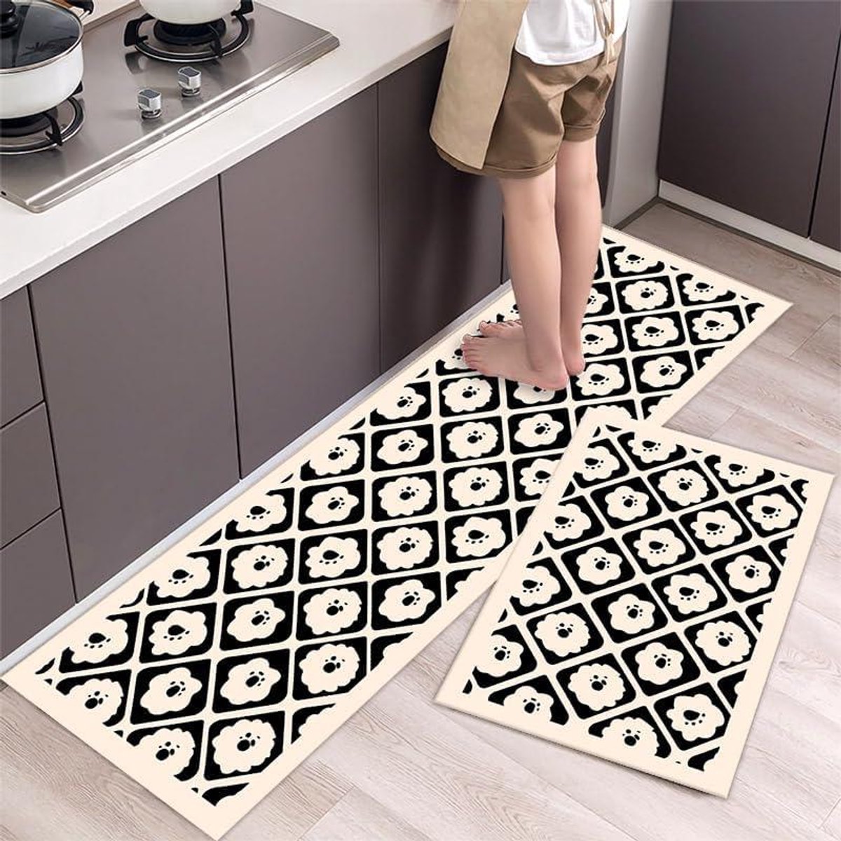Keukenmat Set - Vloermatten - Comfortabel Staan - Anti-vermoeidheid - 50x80 cm - Beige Bloem
