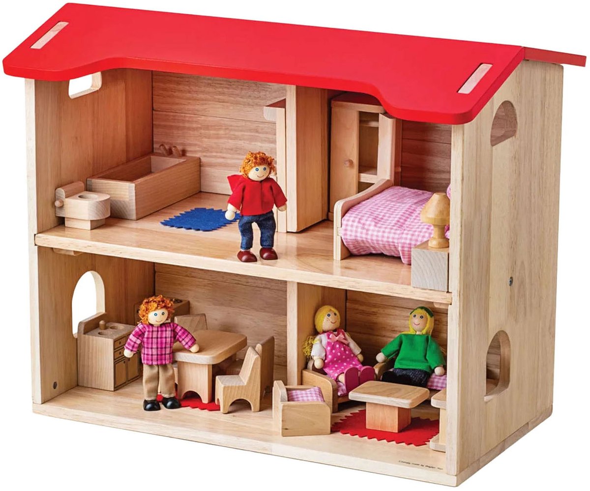 BigJigs poppenhuis compleet houten speelhuis met meubels.