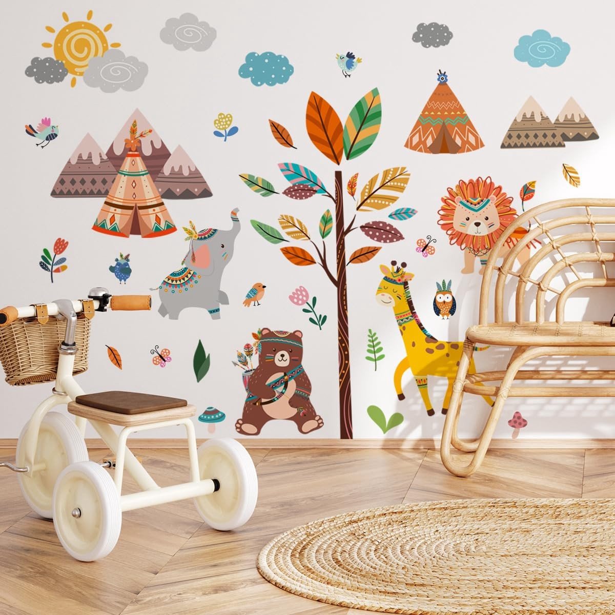 aladdien - Bos Dieren Muurstickers - Safari Olifant Leeuw Giraffe - Decoratie voor Kinderkamer - Muurstickers voor Kinderen - Muurdecoratie voor Thuis
