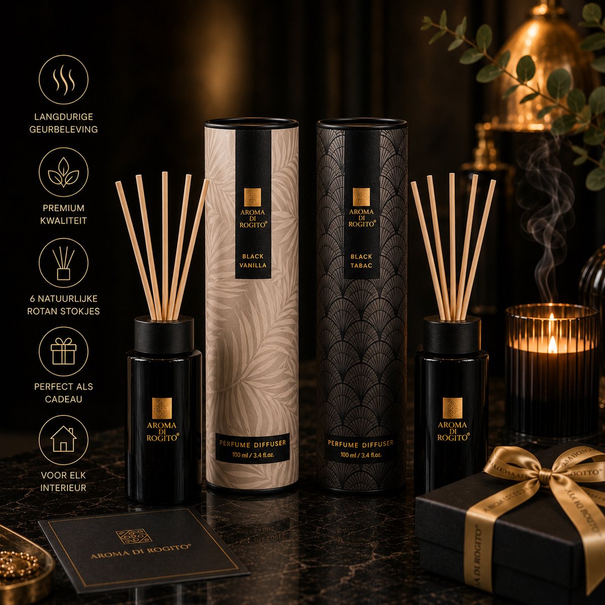 EasyMart Geurstokjes Set – Black Vanilla & Black Tabac – Premium Huisparfum – Geurverspreider met 12 Rotan Stokjes – Luxe Geurset voor Woonkamer, Badkamer & Interieur – 100ml x2 — cadeau in Wonen & Interieur - foto 7
