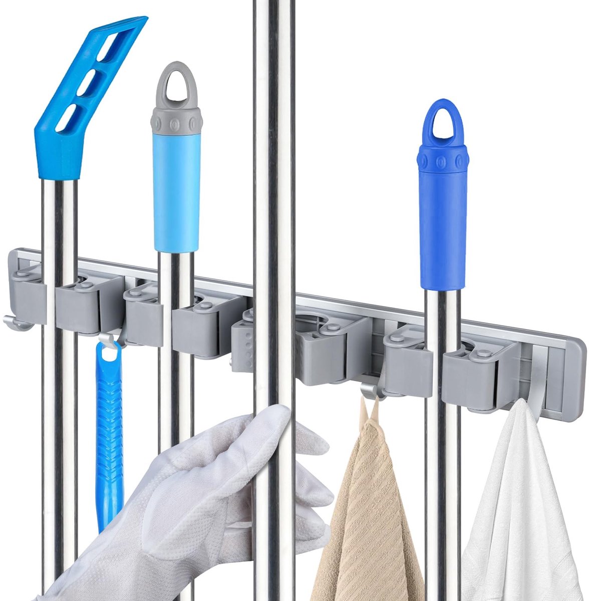 SPHProducts - Bezemhouder muur - Bezemhouder voor aan de muur - Organizer voor huis en garage - 4 houders en 5 haken - Gereedschap houder - Geschikt vo...