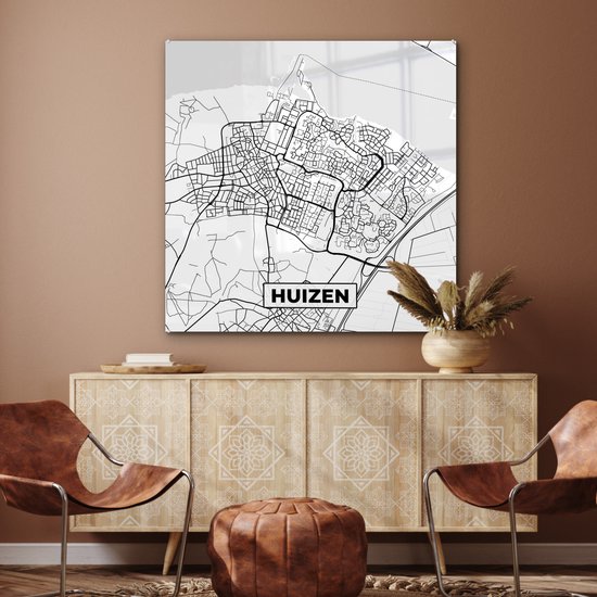 ® Glasschilderij 90x90 cm - Schilderij acrylglas - Kaart - Huizen - Zwart - Wit - Foto op glas - Muurdecoratie woonkamer - Wanddecoratie slaapkamer - Schilderijen