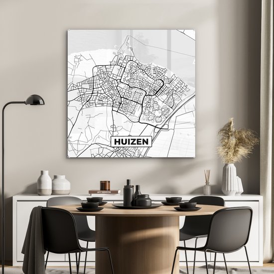 ® Glasschilderij 90x90 cm - Schilderij acrylglas - Kaart - Huizen - Zwart - Wit - Foto op glas - Muurdecoratie woonkamer - Wanddecoratie slaapkamer - Schilderijen