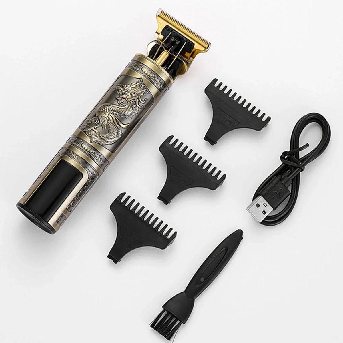 Digitale Vintage Draak Tondeuse - 3 modi's/standen + Turbostand - Verchroomd Metaal Behuizing - Usb Oplaadbare Trimmer voor Gezichtshaar, Hoofdhaar en Lichaamshaar - Digitale Batterij Indicator - Kleur: Goudachtig
