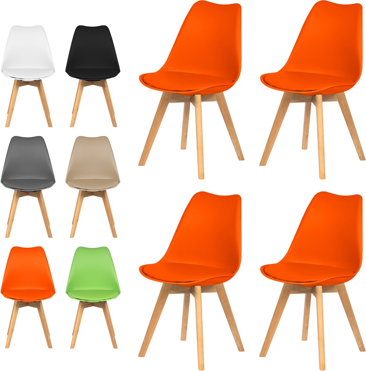 xDays Eetkamerstoelen Set van 4 Oranje – Scandinavisch Design – Kuipstoel met PP Zitting en PU Leer Zitkussen – Houten Poten – Ergonomisch – Eettafelstoel – Bureaustoel – Kaptafelstoel – 120 kg Draagvermogen – Lichtgewicht