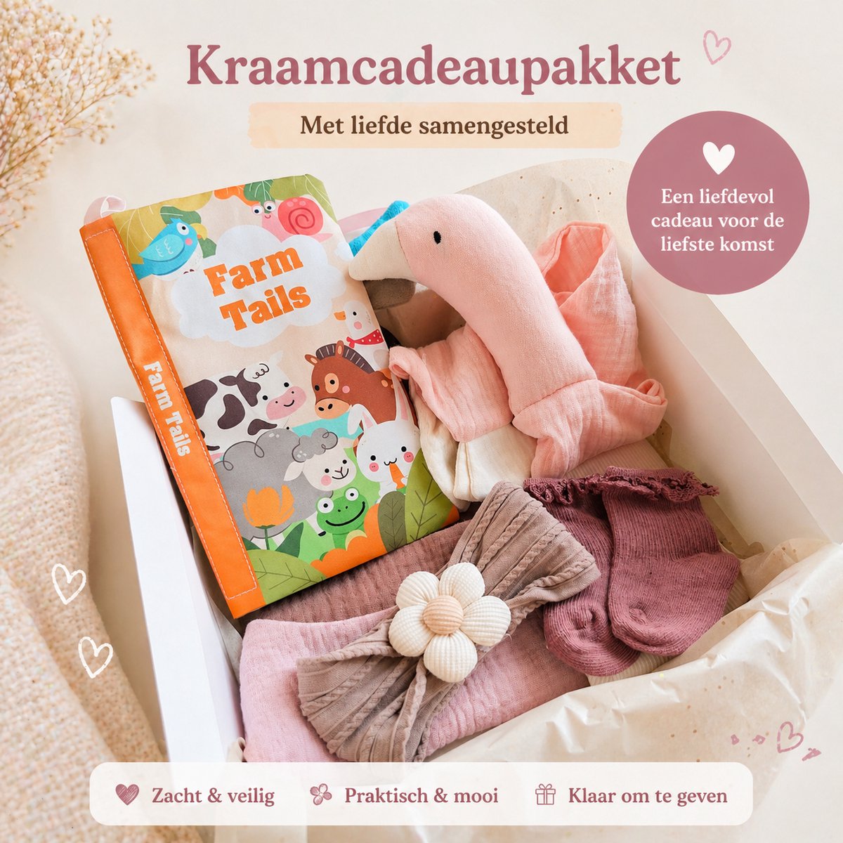 Kraamcadeau pakket - meisje - roze - knuffel eend - knisperboekje - Babyshower cadeau - Kraammand - Babycadeau - legging