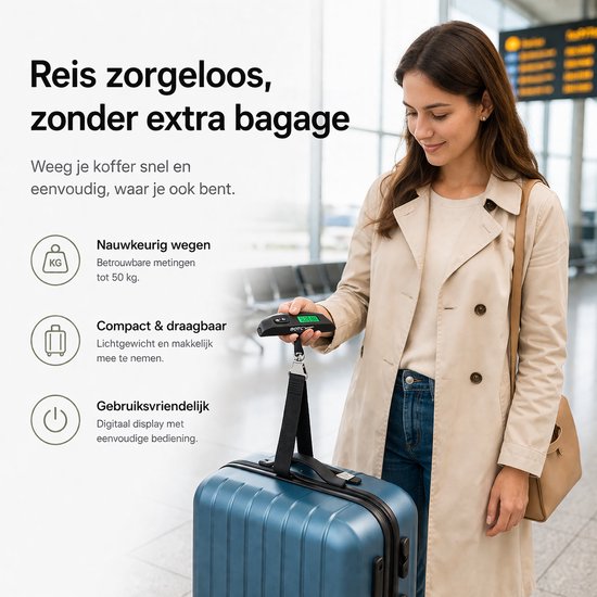 Vrolijke vrouw op vliegveld met beige jas, houdt zwarte bagageweegschaal vast bij blauwe koffer. Iconen: wegen, compact, gebruiksvriendelijk.