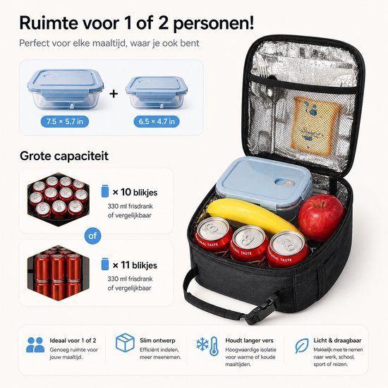 Zwarte lunchtas met twee voedselcontainers, 10 blikjes frisdrank en fruit. Capaciteit voor 1-2 personen.
