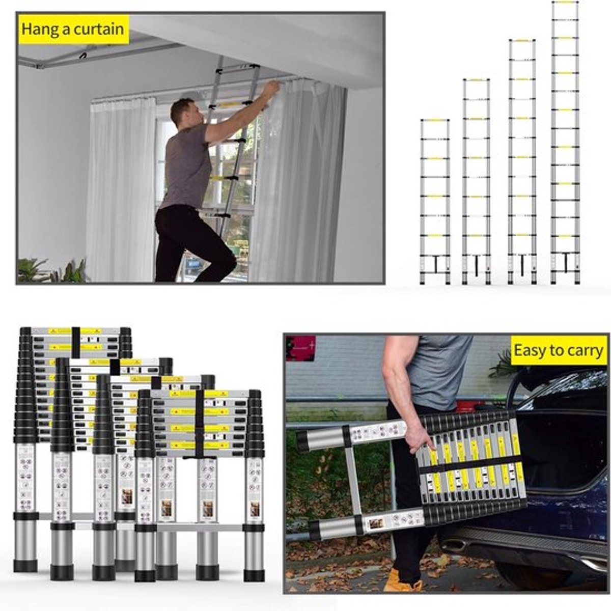 Uitschuifbare ladder 6.2 m – Telescopische vouwladder – Aluminium constructie – Antislip poten – Vergrendelbare treden – Inklapbaar ontwerp – Draagbaar – 150 kg draagvermogen – Met afneembare haken – foto 8