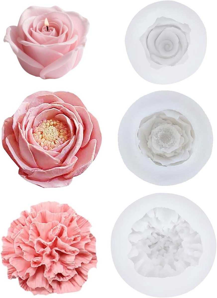 Set van 3 Silicone Mallen voor Bloemen, Rozen, Anjers en Pioenrozen voor Kaarsen en Chocolade Gieten