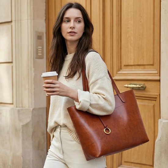Vintage Leren Tote Bag voor Vrouwen - Grote Handtas met Ritscompartiment voor Werk en Reizen van Merkloos — afbeelding 3