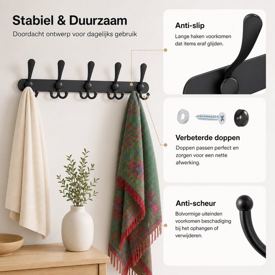 Zwarte wandkapstok met vijf dubbele haken, anti-slip en verbeterde doppen.