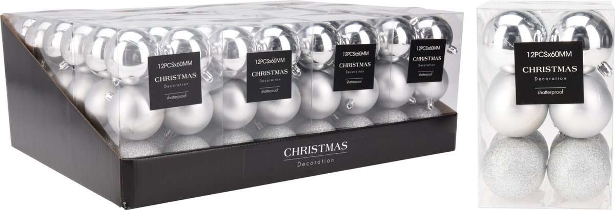Kerstbal onbreekbaar zilver 6 cm 12 stuks decoratie set.