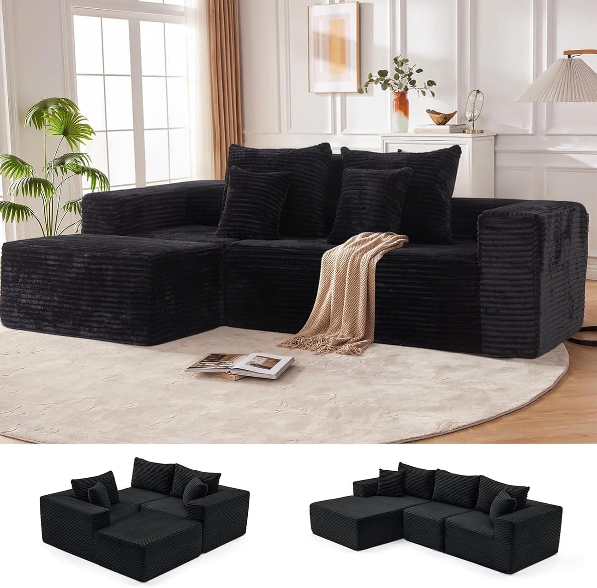Luxe Modulaire XXL Corduroy Hoekbank met Chaise Longue & Slaapfunctie (278x68x60 cm) – Diepe Zitting, Geen Montage, Zwart –