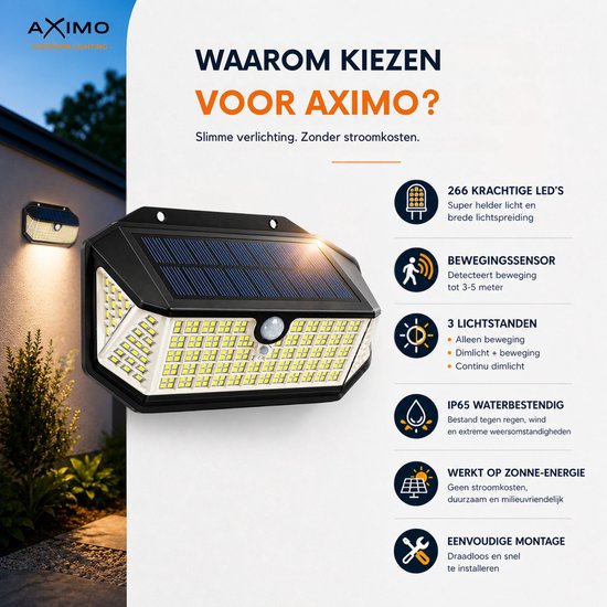 AXIMO solar buitenlamp met 266 LED's, bewegingssensor, 3 lichtstanden, IP65 waterbestendig. Werkt op zonne-energie, duurzaam, milieuvriendelijk, makkelijk te monteren.
