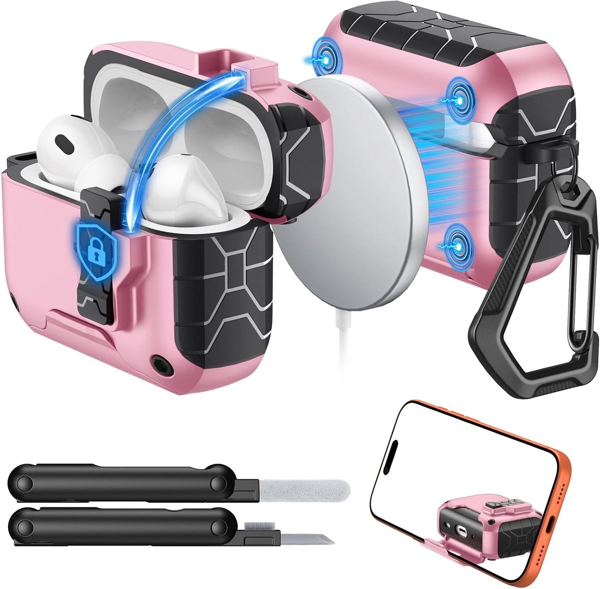 AirPods Pro 3 Hoes met MagSafe, Veiligheidsslot en Telefoonstandaard - Volledige Bescherming met Schoonmaakset, Roze, Geschikt voor 3e Generatie