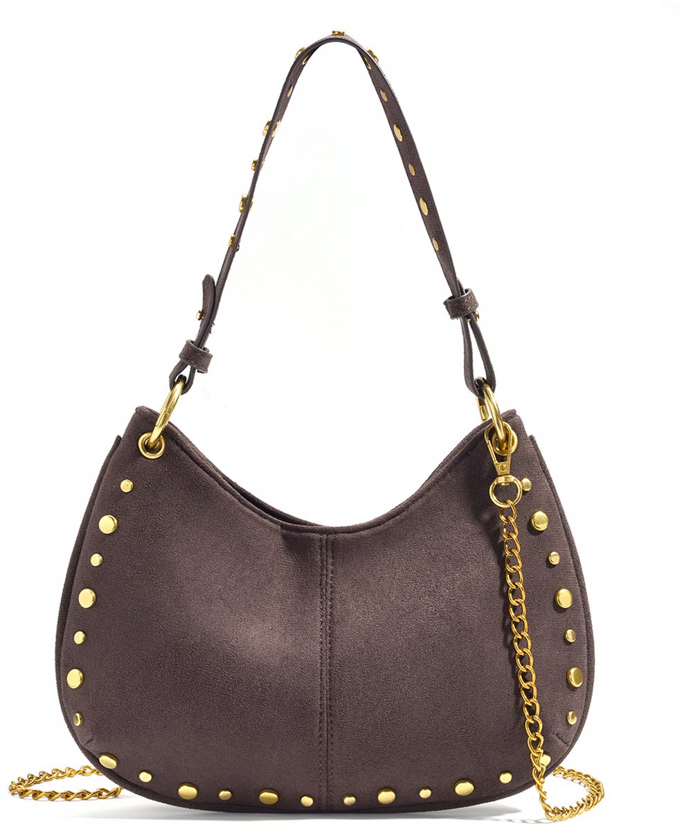 Modieuze Schoudertas met Studs - Trendy Handtas met Zachte Textuur - Stijlvol Model voor Dagelijks Gebruik en Avondjes Uit - Donkerbruin