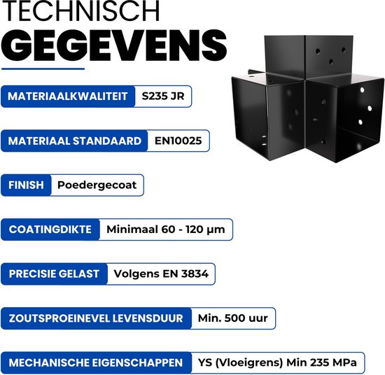 Zwarte paalverbinder 71x71mm. Technische specificaties vermelden S235 JR, EN10025, poedercoating.