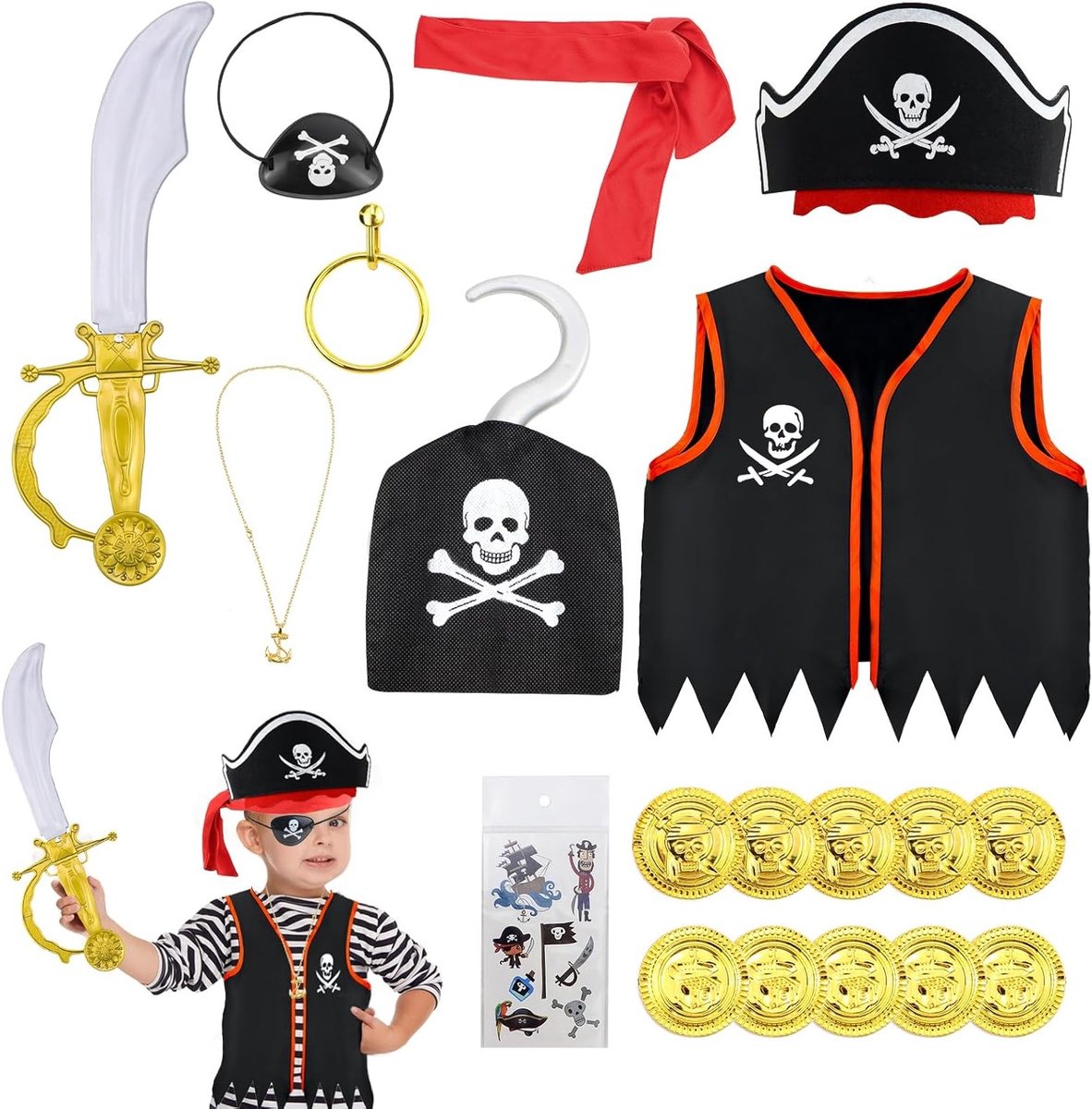 Piratenkostuum voor Kinderen met 18 Accessoires, Inclusief Piratenhoed, Geschikt voor Jongens en Meisjes, Carnaval en Feestjes