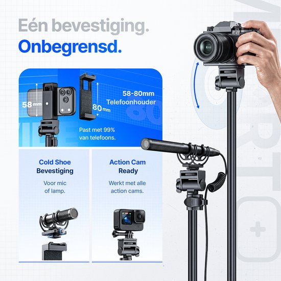 Een camera en smartphone op een Studio ME statief met verwisselbare accessoires voor microfoon en action cam.