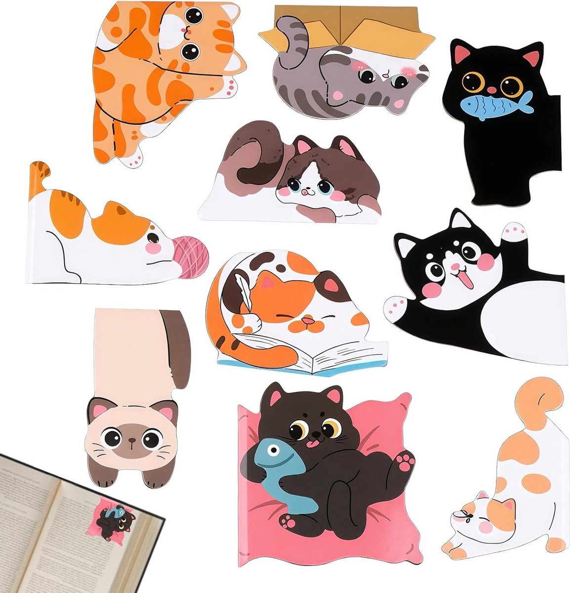 Schattige katten magnetische boekenleggers - 10 stuks, perfect als cadeau voor kattenliefhebbers, studenten en boekenwurmen