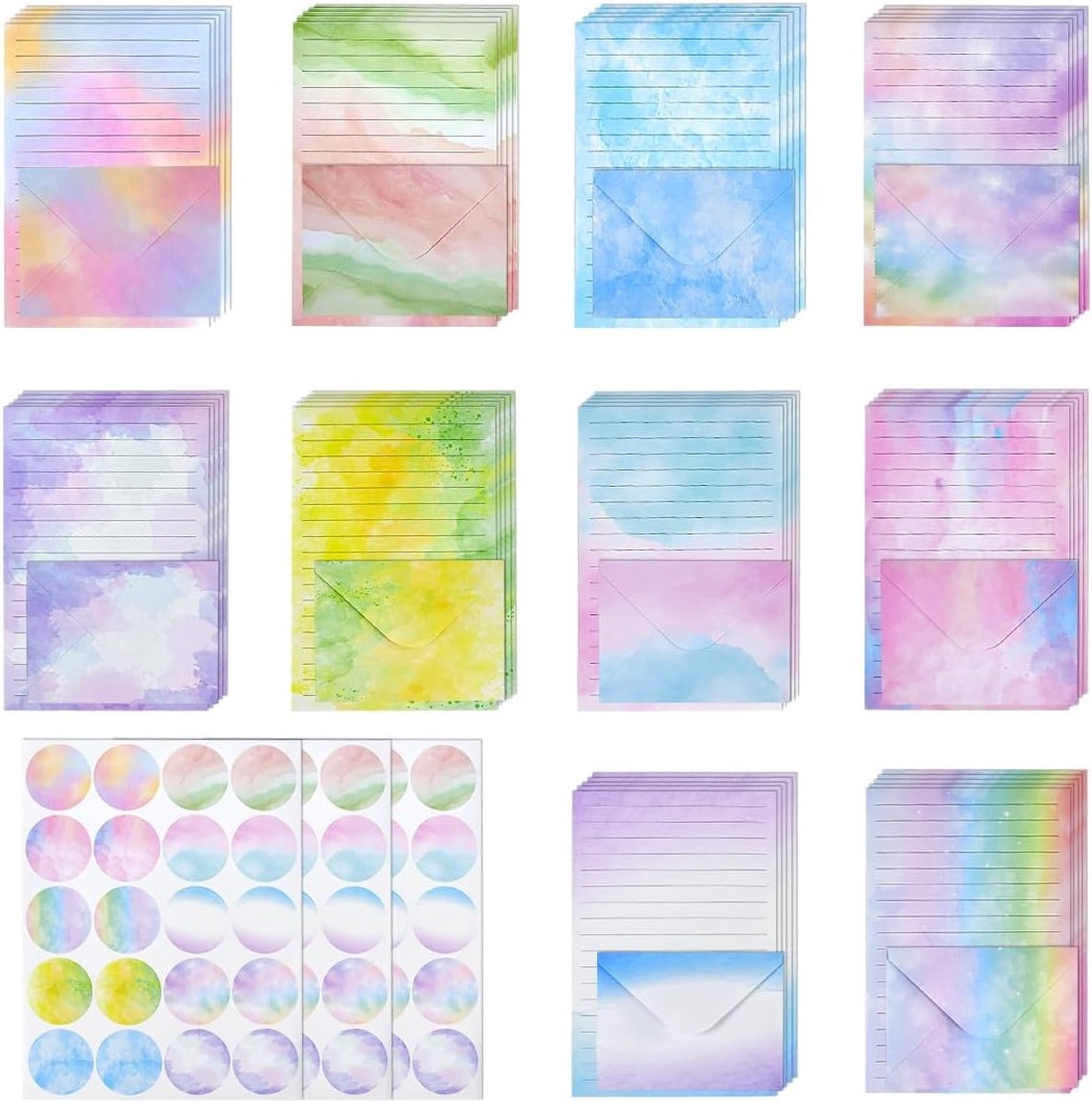 Kleurrijk aquarel briefpapierset met 160 stuks, gelinieerd briefpapier, enveloppen en stickers voor creatieve meisjes