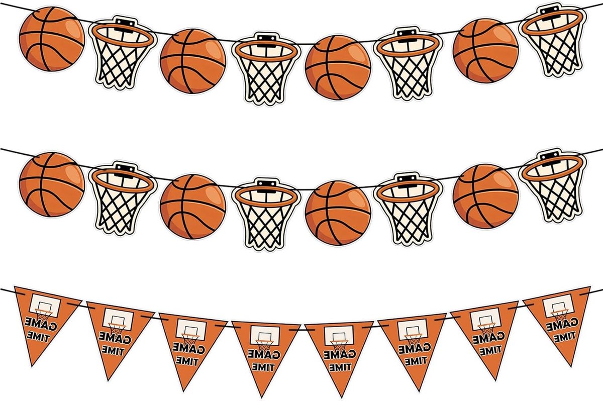 Set van 3 feestdecoraties voor basketbal met banners en voorgeregen touwtjes, perfect voor verjaardagsfeesten, sportevenementen en wedstrijddagen.