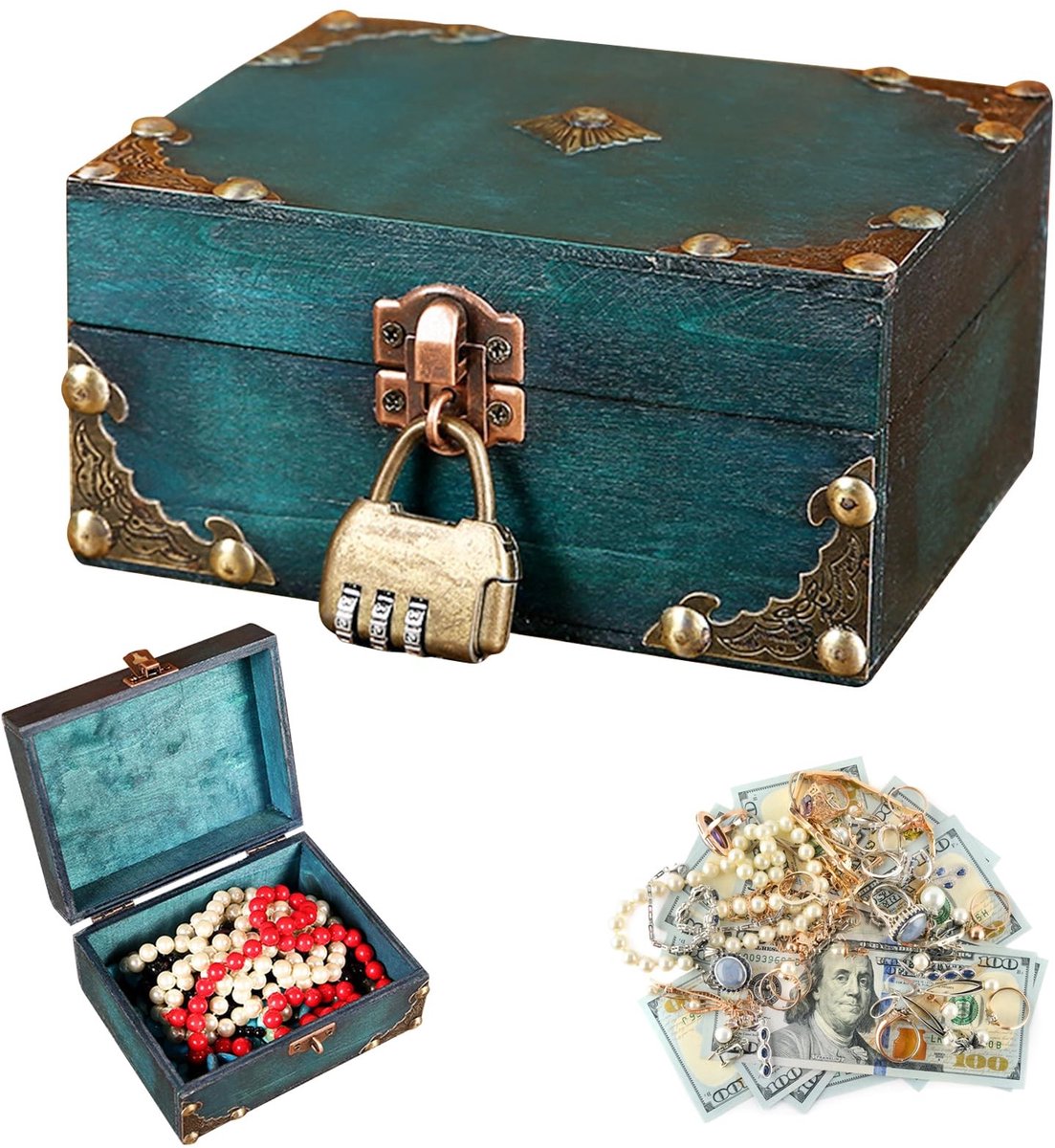 aladdien - Vintage Wooden Treasure Chest - Piratenkist - Met slot - 16 x 12 x 9,5 cm - Houten opbergkist - Voor kinderen - Decoratie
