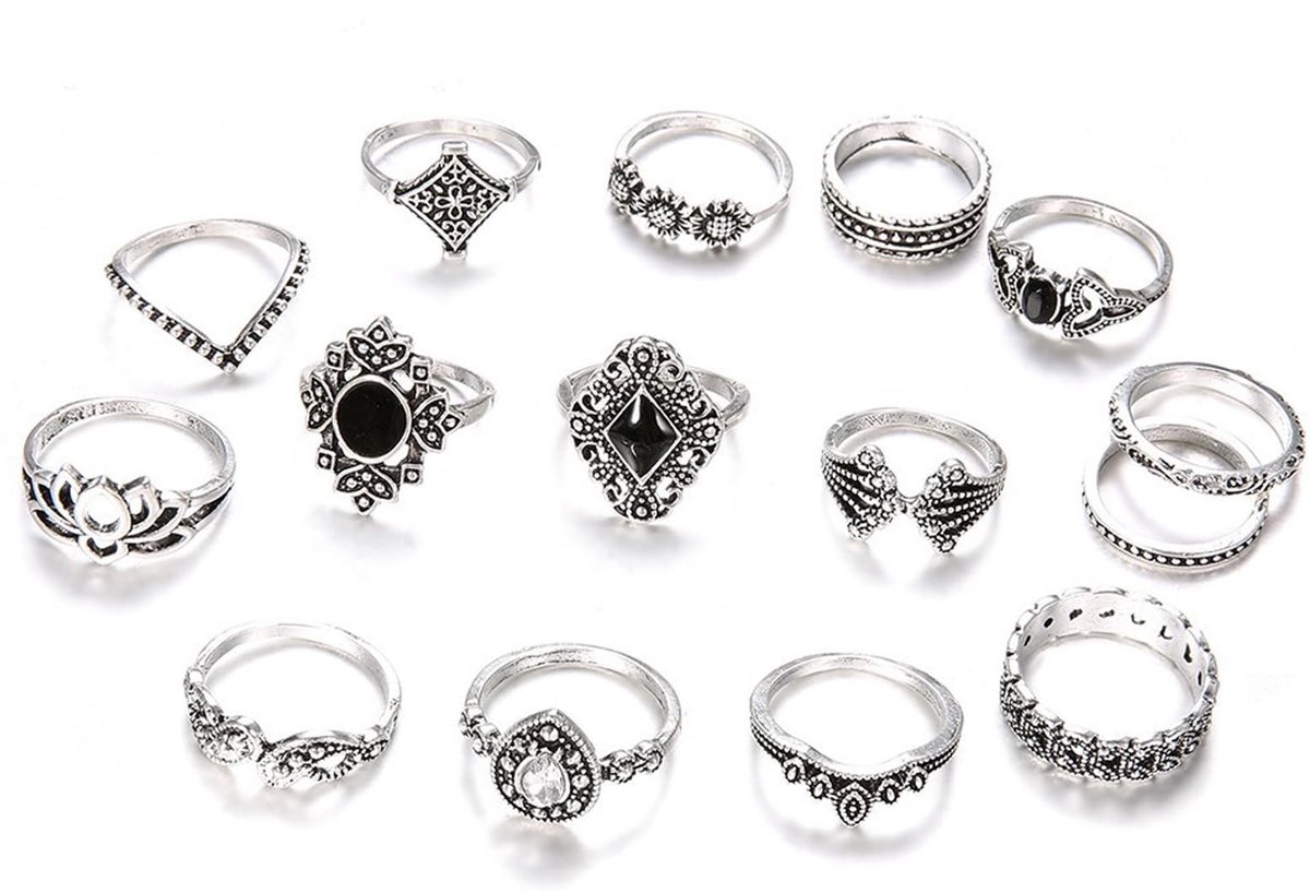 aladdien - Damesringen Set - Minimalistische Boho Stapelringen - 15-delige Roestvrij Staal - Elegant en Tijdloos - Perfect voor Elke Gelegenheid - Z..