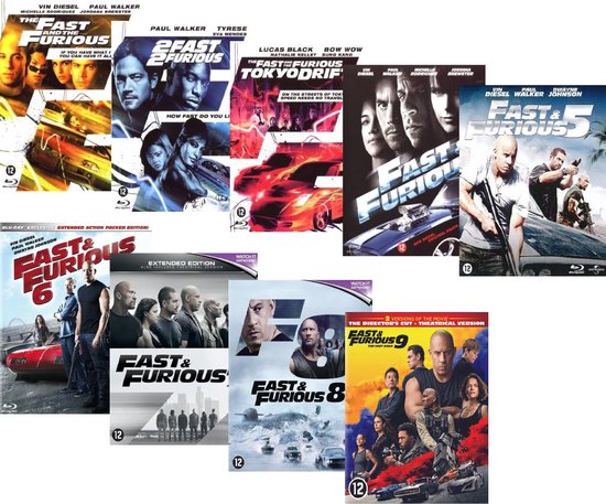De covers van de Fast & Furious films 1 t/m 9, met acteurs en auto's.