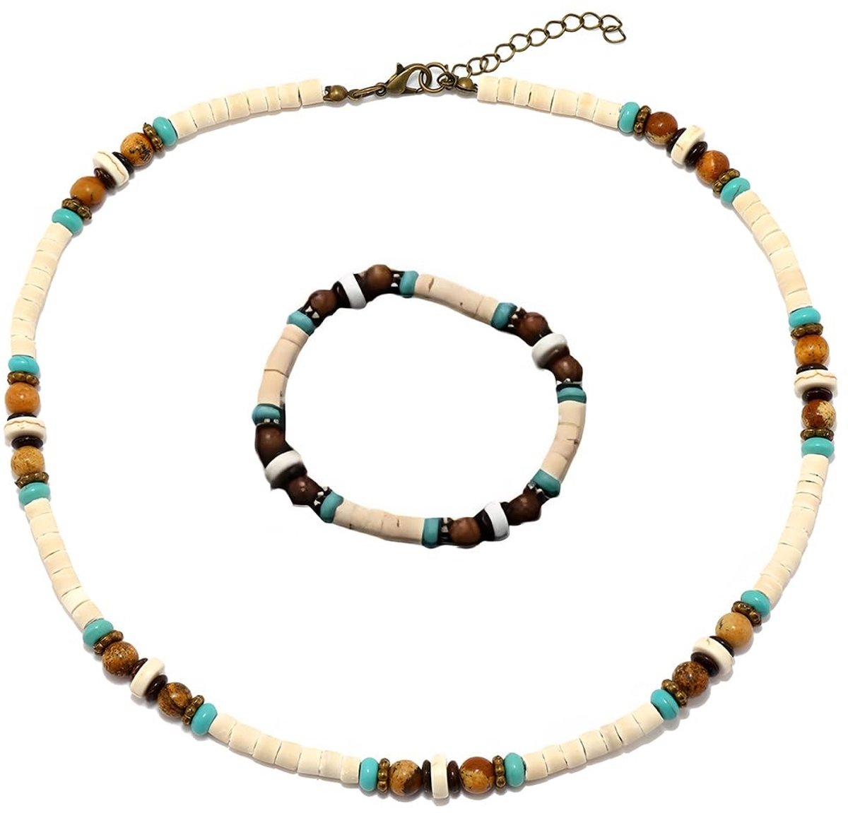 Allecto - Surfer Chain Set - Surfer Bracelet - Handgemaakt strandjuweel - Kleur: Turquoise - Houten kralen - Geschikt voor surfers - Beach accessories