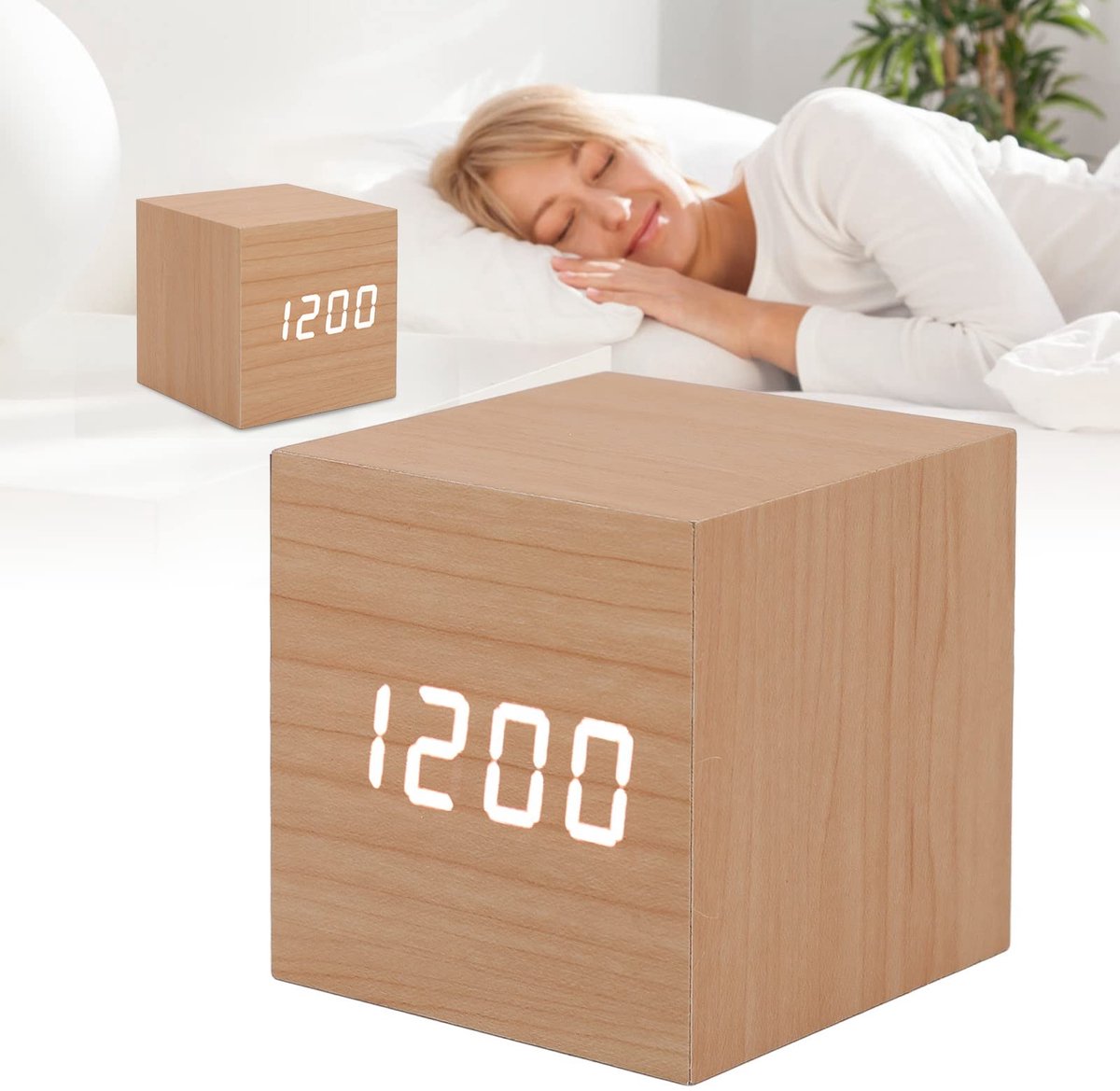ONF3 - LED houten klok - multifunctioneel - stijlvolle wekker - draagbaar - digitale tijdsaanduiding - perfect voor kantoor en thuis