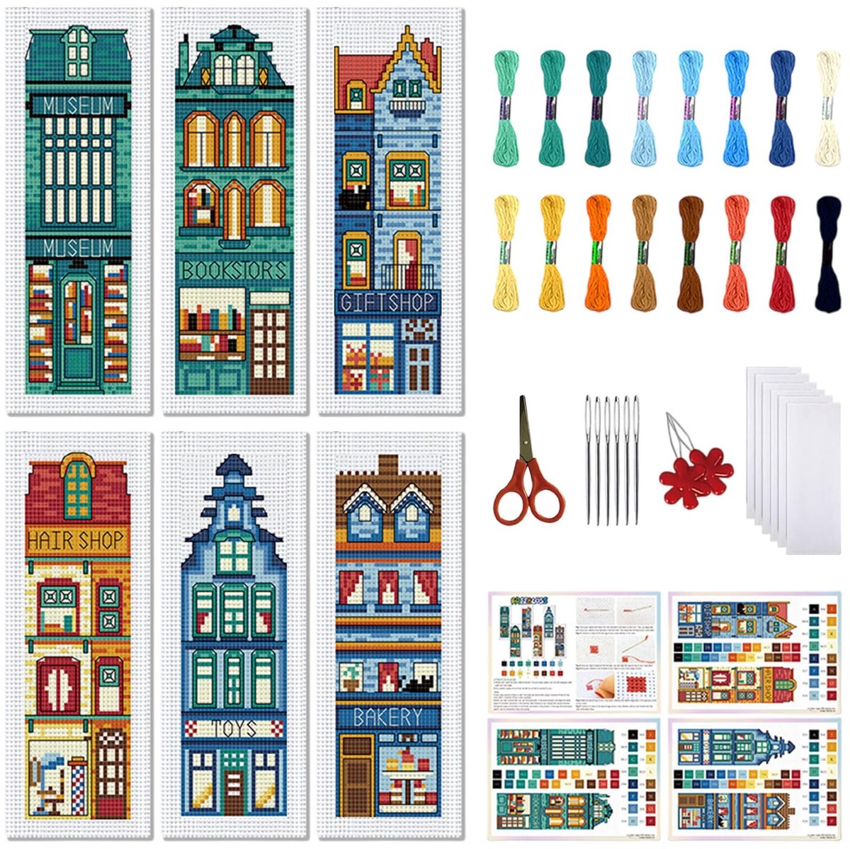 Allecto - Borduurset 6-delig - Boekenleggers - Stadsgezicht Patroon - Creatief - Handgemaakt - Hobby - Borduren - Voor beginners - Diverse kleuren